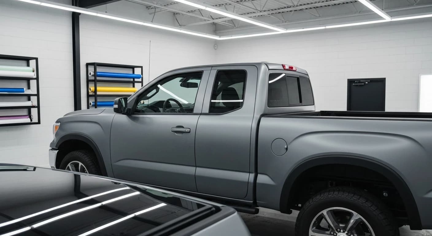 Matte grey vinyl-wrapped pickup truck in a Calgary wrap installation bay