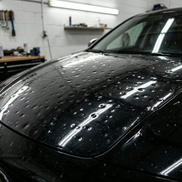 Hail damage repair Calgary - multiple dents on car hood before paintless dent repair
