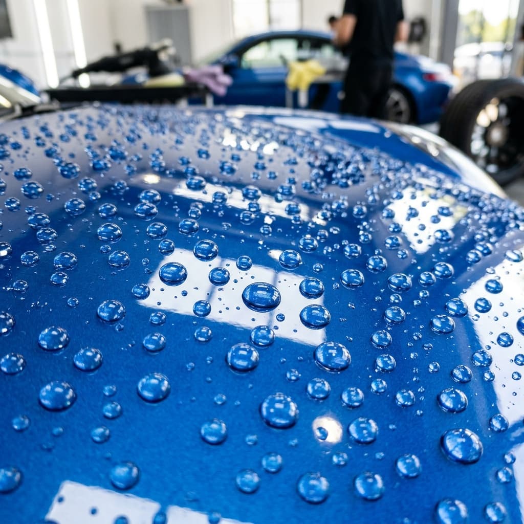 Water beading tightly on a ceramic-coated hood at Calgary PPF Pros