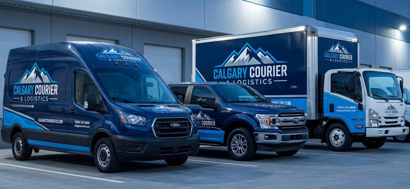 Commercial vehicle wrap fleet Calgary - multiple branded trucks decals advertising wraps fleet branding solution