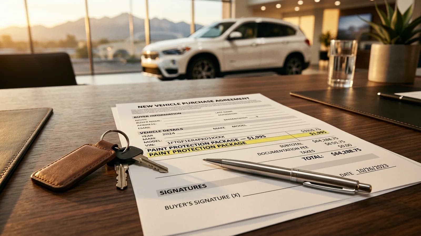 A finance-office desk at a Calgary auto dealer with an open new-vehicle contract, a highlighted $1,995 "paint protection package" line item, a pen resting on the signature block, and a set of car keys — soft warm office lighting, Rocky Mountain silhouette faintly visible through the showroom window