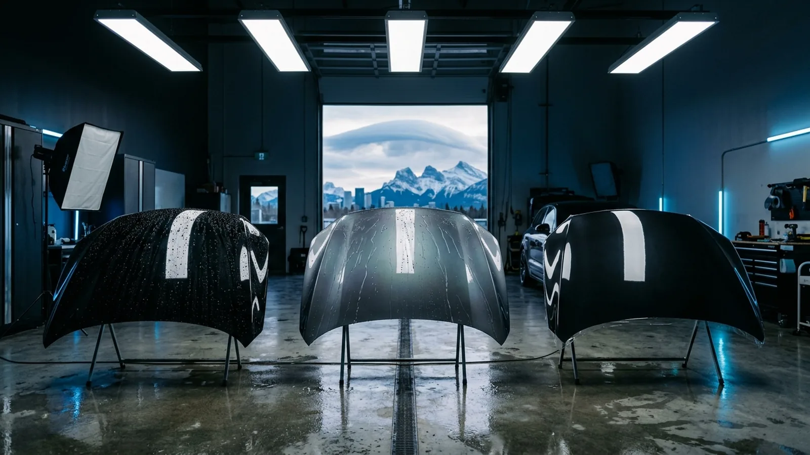 Three vehicle hoods lined up under a Calgary detail bay overhead lamp — one showing a deep hydrophobic ceramic bead, one showing a slate-grey graphene-treated surface with a lower-profile water sheet, and one wrapped in glossy 8-mil TPU paint protection film, with a Rocky Mountain silhouette and chinook cloud arc through the open bay door