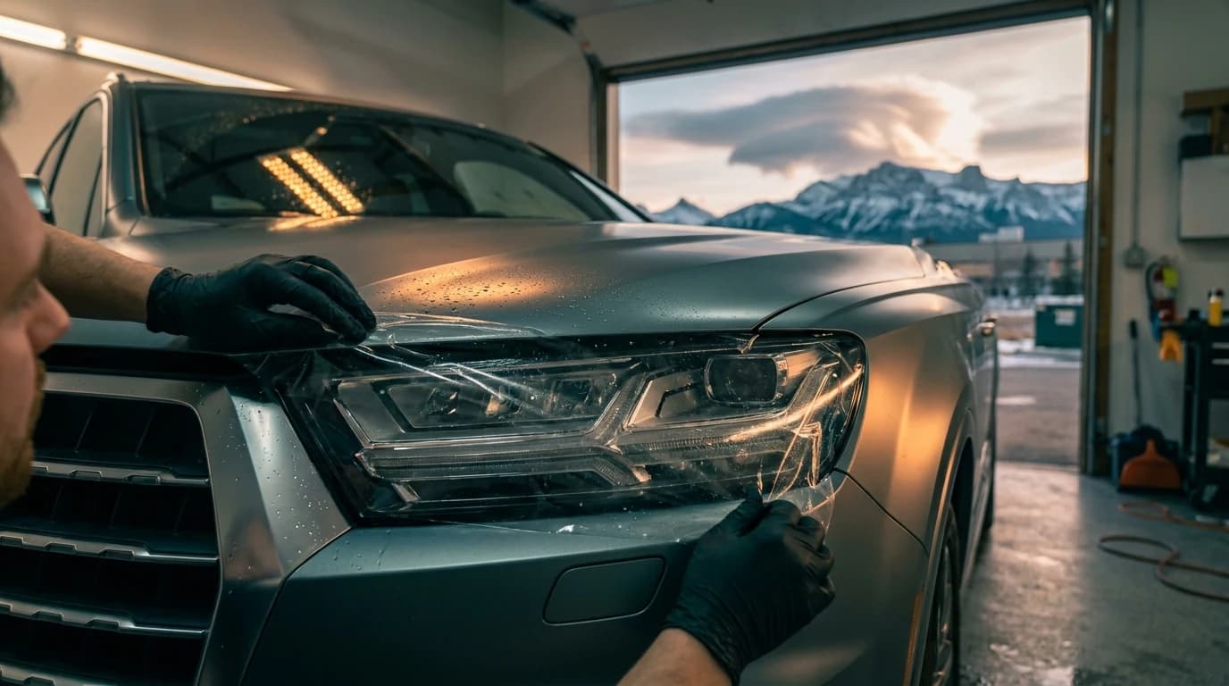 Gloved Calgary PPF installer applying a crystal-clear TPU headlight protection film to the matrix-LED lens of a matte-grey premium SUV at golden hour, water beads on the film catching amber light, chinook cloud arc and snow-dusted Rocky Mountain silhouette through the open bay door