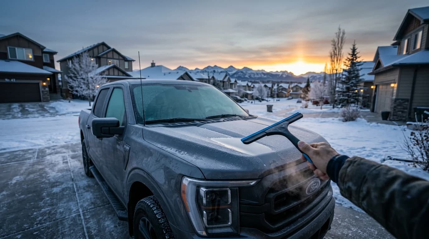 Dark grey Ford F-150 with glossy paint protection film hood covered in fresh Calgary morning frost, an owner's hand holding a soft silicone-blade squeegee poised above the panel, amber sunrise breaking over snow-capped Rocky Mountain foothills in the distance, breath vapor in cold blue-grey air, cinematic Calgary driveway scene the morning before the first road brine