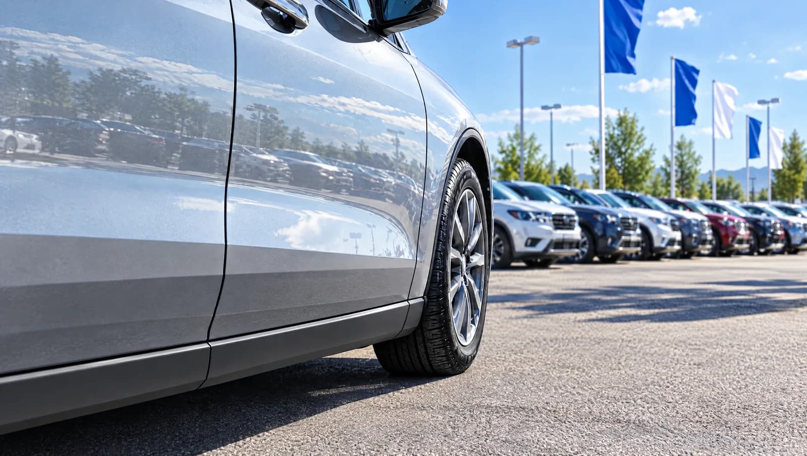 Dealer PPF vs. Professional Installer: 2026 Buyer's Guide New silver crossover on a dealership lot in Calgary in bright sun