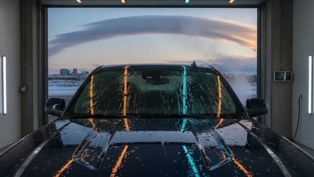 Freshly wrapped gloss midnight-blue crew-cab pickup in a heated Calgary paint protection film studio at golden hour, water beads rolling off the PPF-protected hood, a chinook arch cloud sweeping across the snow-dusted Calgary skyline through the open bay door, a wall-mounted digital thermometer reading 21 degrees Celsius on the concrete pillar — the moment cure begins
