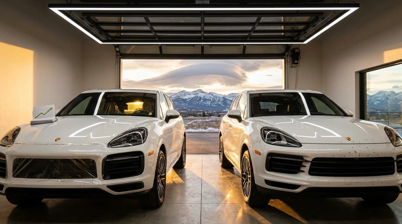 Two gloss white luxury SUVs side by side in a Calgary paint protection film studio at golden hour — a two-year-old PPF-protected vehicle with mirror-perfect factory paint next to its unprotected twin showing stone chips and swirl marks on the hood, snow-dusted Rocky Mountain skyline and a wide chinook arch cloud visible through the open glass bay door