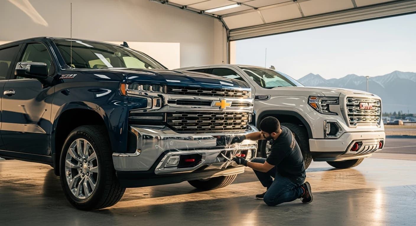 2026 Chevy Silverado 1500 High Country in midnight blue and GMC Sierra 1500 Denali in satin white parked side-by-side inside a heated Calgary paint protection film studio, a technician kneeling to apply transparent self-healing PPF to the Silverado front bumper with a squeegee at golden hour with the Rocky Mountains visible through the bay door