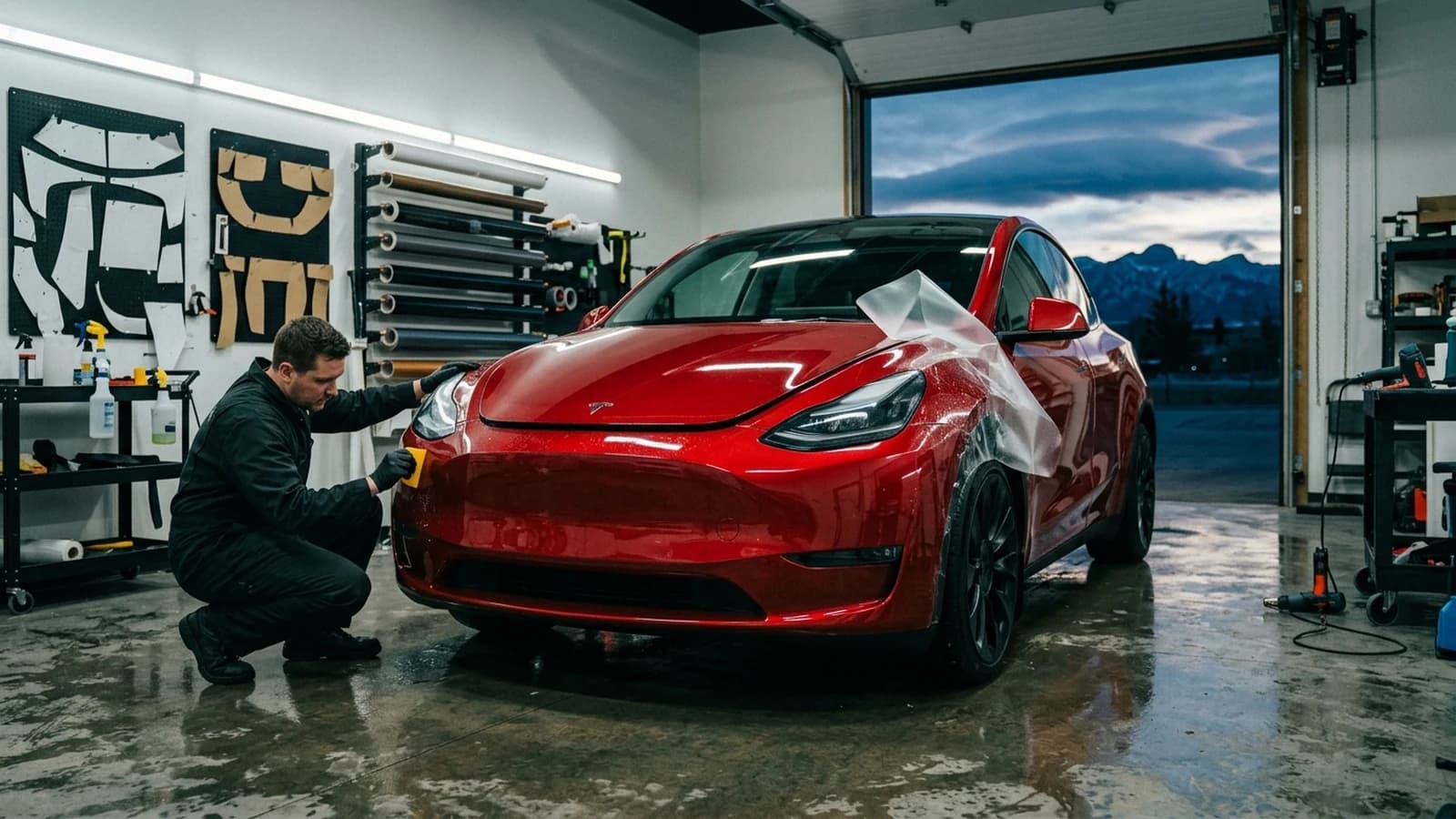 2026 Tesla Model Y Juniper in Ultra Red parked in a Calgary PPF install bay showing the redesigned full-width LED light bar, sculpted front bumper and cleaner hood shutline while an installer squeegees an 8-mil TPU paint protection film panel onto the front fender, distant Rocky Mountain silhouette through the open bay door