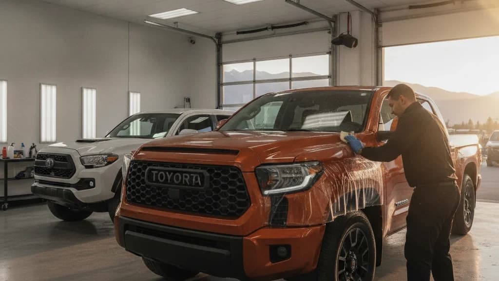 2026 Toyota Tundra TRD Pro in Terra pearl orange and 2026 Toyota Tacoma TRD Pro in Ice Cap white parked side-by-side inside a Calgary PPF install bay while a gloved installer squeegees a clear 8-mil TPU paint protection film panel onto the Tundra front fender, polished concrete floor, faint Rocky Mountain silhouette through the open bay door