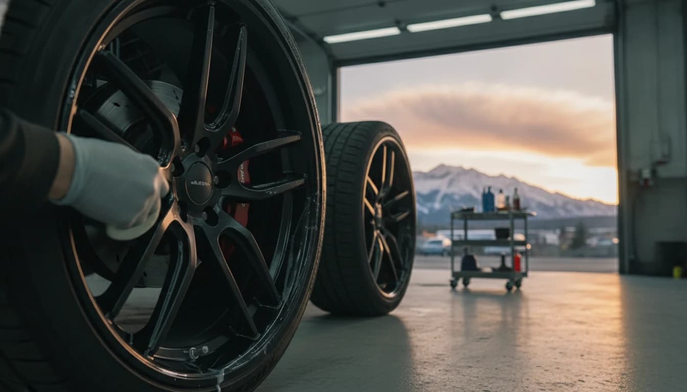 Gloved technician applying liquid ceramic coating to the polished barrel of a matte-black premium alloy wheel in a golden-hour Calgary detail bay, red painted brake caliper glowing behind the spokes, water beading on a freshly coated adjacent wheel, snow-dusted Rocky Mountain silhouette and chinook arch cloud visible through the open bay door