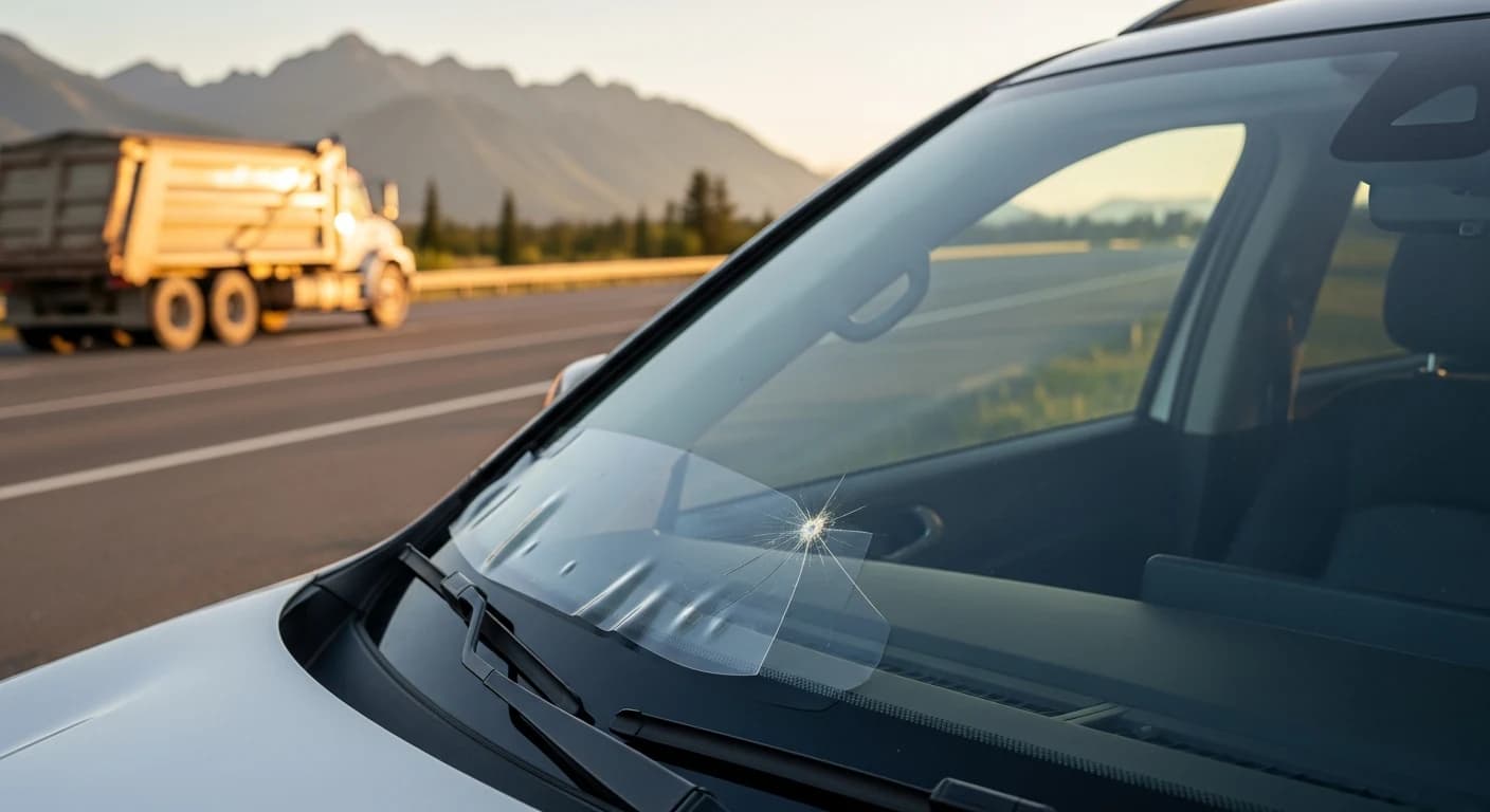 Windshield protection film absorbing a Calgary Deerfoot Trail rock chip while ADAS forward camera sees clean factory glass beneath