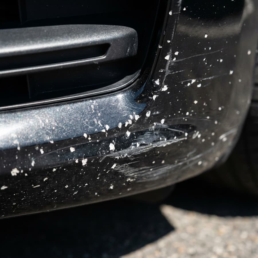 Rock chip damage: white chips and scratches across a black front bumper with no paint protection film