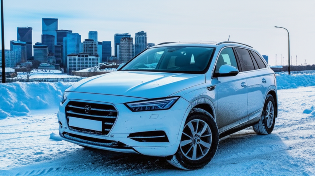 Calgary vehicle in winter conditions showing the need for paint protection film against road salt and rock chips