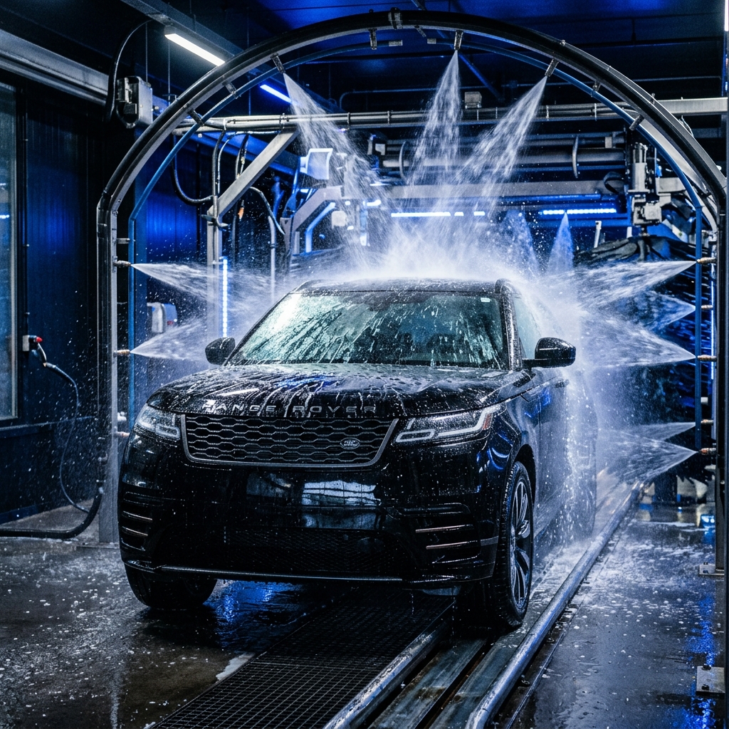 Can I go through a car wash with PPF — black SUV in touchless car wash showing safe PPF washing technique