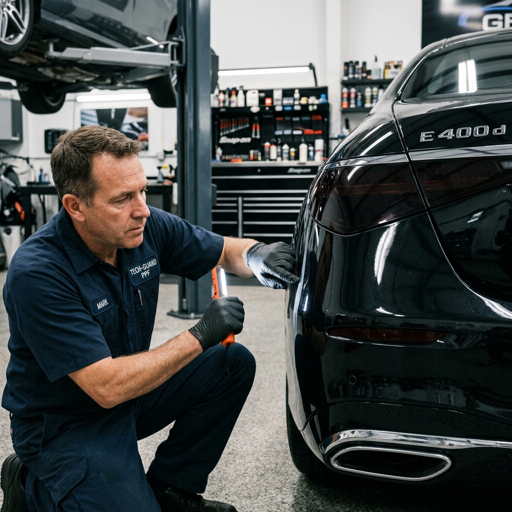 Close-up of PPF edge lifting on car door — when to call installer vs. normal curing