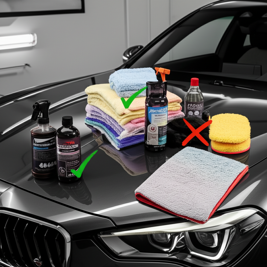 Automotive detailer machine polishing a car hood to remove an old ceramic coating