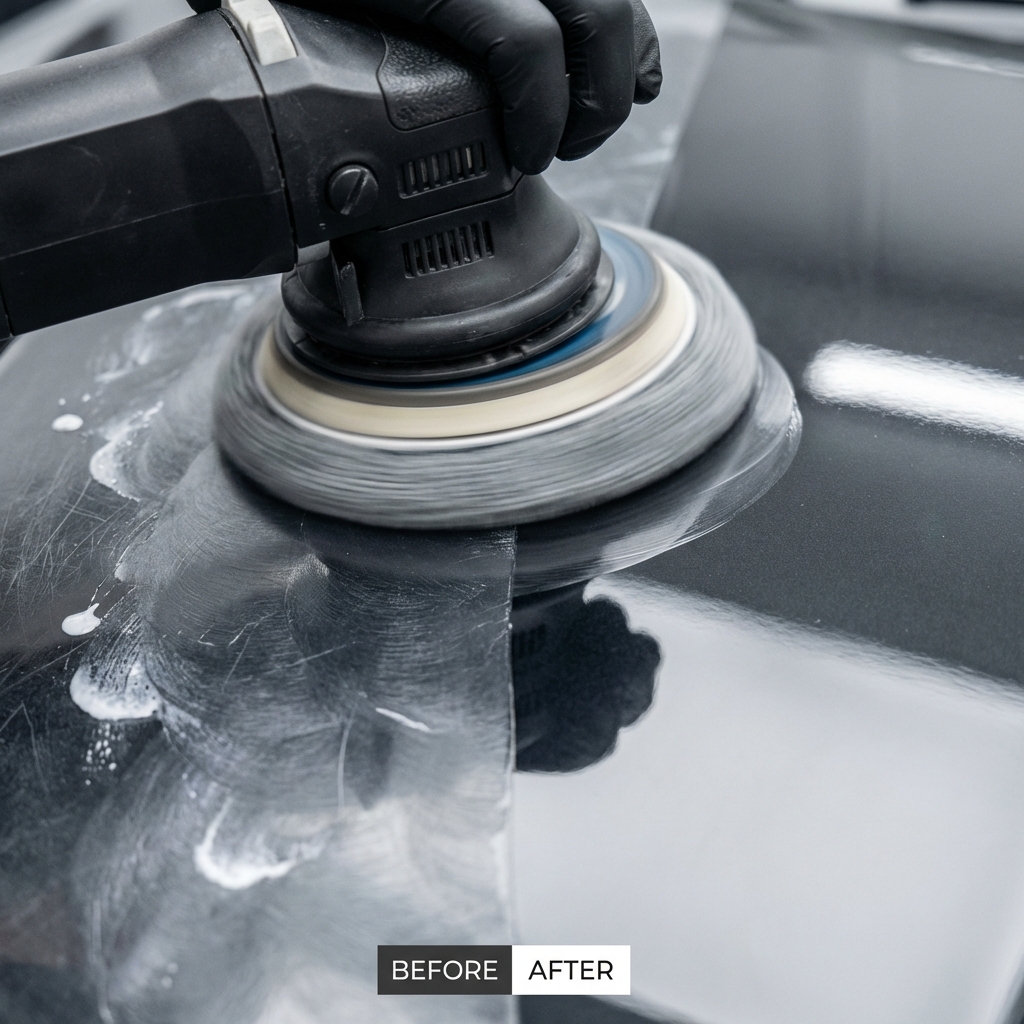Before and after of scratched car paint being machine polished and paint corrected