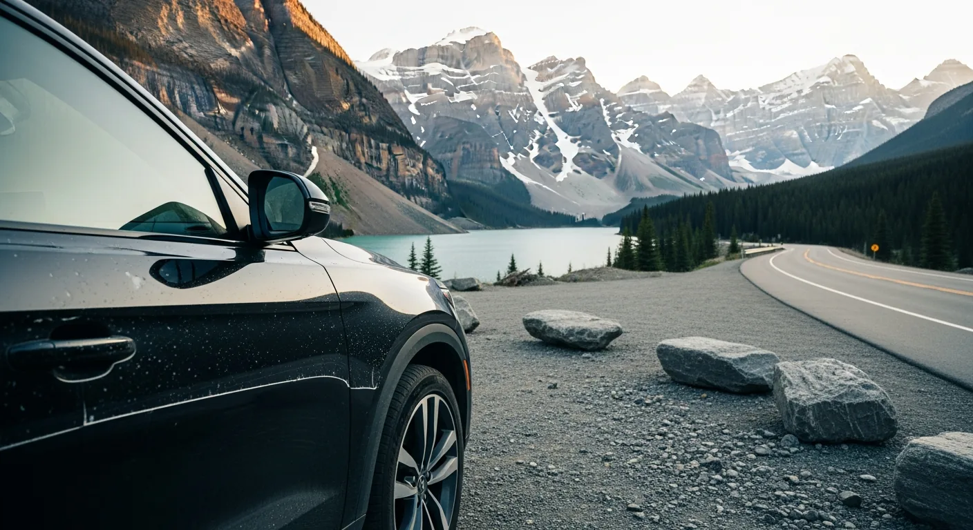 Calgary SUV with paint protection film parked at an Icefields Parkway pullout in the Canadian Rockies before a summer road trip