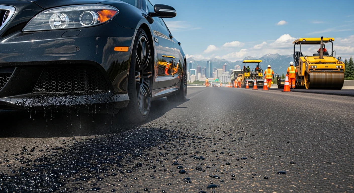 Glossy black sedan on a freshly paved Calgary highway in June 2026 with fresh asphalt tar splatters on the lower bumper and rocker panels, orange construction cones and yellow paving machinery in the background, Deerfoot Trail style construction zone